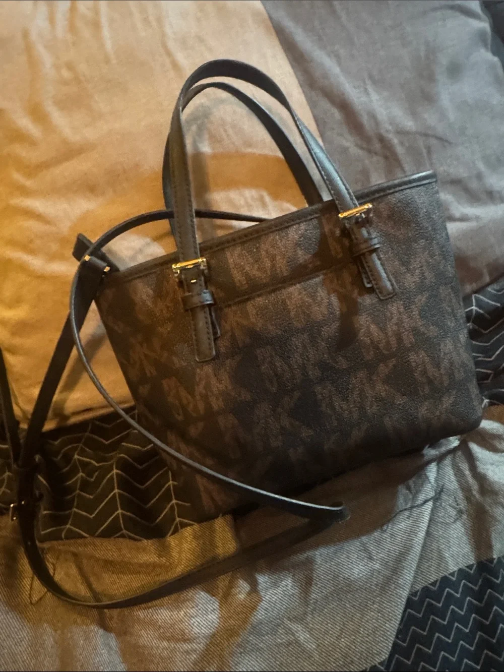Michael Kors Black Logo Satchel with Gold MK Charm